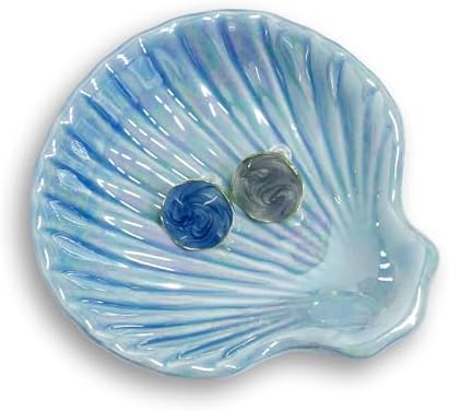 Shell Jewelry Dish Tray for Women, Ceramic Seashell Jewelry Ring Holder Dish, Jewelry Plate Trinket Dish for Necklace, Earring, Ring, Mother's Day Christmas Gift, 3.9", Sky Blue Iridescent Surface by GO2HEJING
