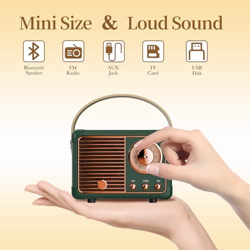 Retro Bluetooth Speaker, Wireless Mini Portable Speakers Support USB/TF Card/AUX, Vintage Radio Bluetooth Speaker for Kitchen Desk Bedroom Office Outdoor, Retro Gifts for Women Men, Green - Image 3