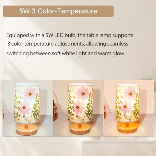Dried Flowers Small Table Lamp 5W LED 3-Color Bedside Lamp Pressed Flowers Lampshade with Wood Base for Bedroom Living Room Desk Nursery - Image 4