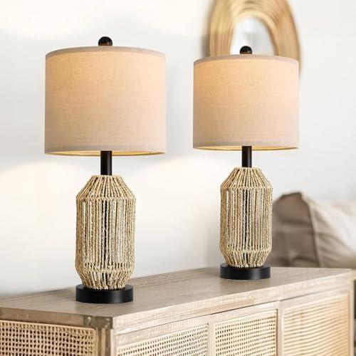 OYEARS 21" Boho Table Lamps Set of 2 for Living Room, Bedside Lamps for Nightstand, Rattan Lamp for Bedroom, Farmhouse Table Lamps for Boho Decor, End Table, Retro, Black by OYEARS
