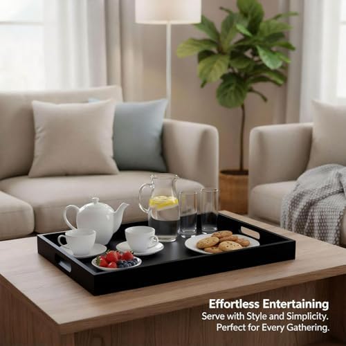 Krismax Wooden Serving Tray with Handles, Serving Platter 15.7x11.4 Inch Food Drinks Tray for Coffee Table,Decorative Storage Tray for Entertaining, Breakfast Tray in Bed,Lunch,Dinner,BBQ(Black) - Image 7