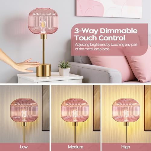 QiMH Glass Table Lamp for Living Room, Modern Bedside Lamp with Pink Ribbed Glass Shade, 3-Way Dimmable Touch Control Nightstand Lamp for Bedroom, Brushed Gold (2700K LED Bulb Included) - Image 2