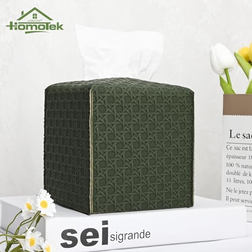 HOMOTEK 1 Pack Tissue Box Cover, Square PU Leather Tissue Holder, Decorative Facial Tissue Cube Paper Organizer Dispenser for Bathroom, Night Stands, Desk, Car 5X5X5'' - Rattan Weave, Emerald Green - Image 4