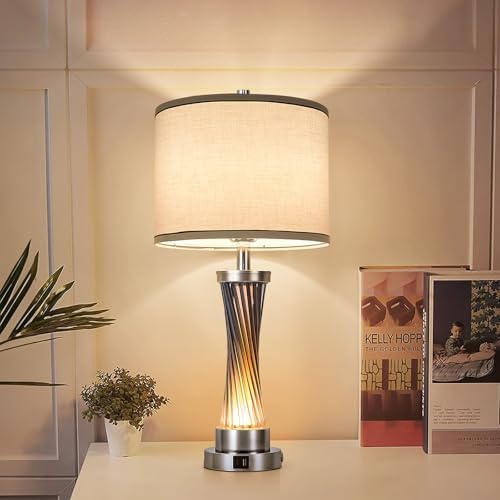 3-Way Dimmable Table Lamp Set of 2,Touch Control Lamp with Night Light,Modern Blue Crystal Table Lamps for Bedroom,Living Room，Bedside Lamps with USB A+C Ports，Fabric Lampshade(Blubs Included) - Image 6