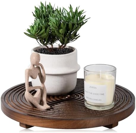 Round Decorative Tray Farmhouse Bathroom Decor Wood Riser, 12" Walnut by zoocatia
