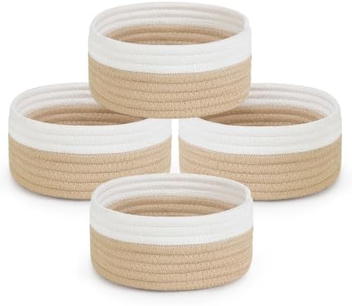 Dahey Set of 4 Mini Small Woven Gift Baskets for Organizing, White & Beige by Dahey