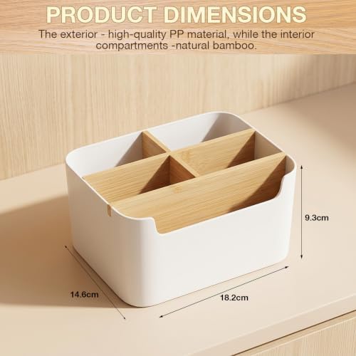 Cozary Bamboo Desk Organiser, Office Organiser with 5 Compartments, Pen Holder Desk for Office, Home and School, Desk Organiser Compact (18.2 x 14.6 x 9.3 cm) - Image 6