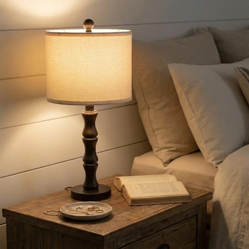 BOBOMOMO 20.5" Classic Table Lamps Set of 2, Farmhouse Nightstand Lamps with Dark Wood Grain Resin Base & Linen Shade, Small Bedside Lamps for Bedroom, Living Room, Home Office & Cozy Apartment Décor - Image 2