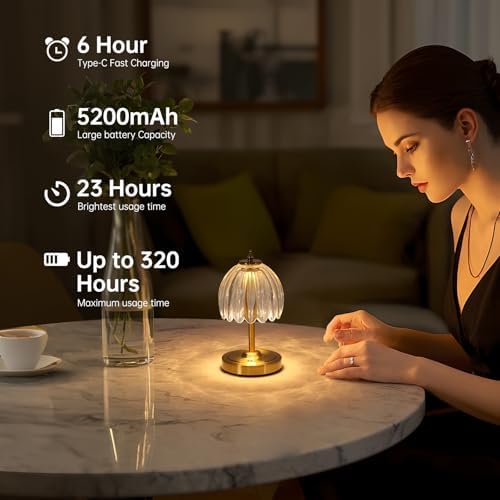 Shenmoyl Set of 2 Tulip Table Lamp with 5200mAh Battery & Touch Control, Cordless Small Table Lamp with 3 Colors, Rechargeable Battery Operated Table Lamps for Nightstand, Bedroom (Transparent Tulip) - Image 6