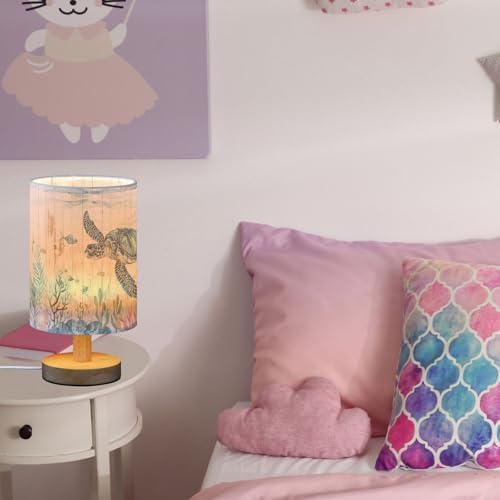 Light Blue Sea Turtle Wooden Background Table Lamp for Bedroom USB Port Lamps Small Accent Table Lamp Nightstand Lamp Study Linen Shade with Wooden Base Lamps for Bedside Reading|Kids|Dorm|Home - Image 5