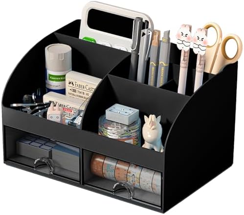 COMFYROOM Desk Organizer with 6 Compartments and 2 Drawers, Plastic Makeup Organizer, Pen Holder for Desktop Storage, Desk Organization for School, Home, Office Supplies (Black) by COMFYROOM