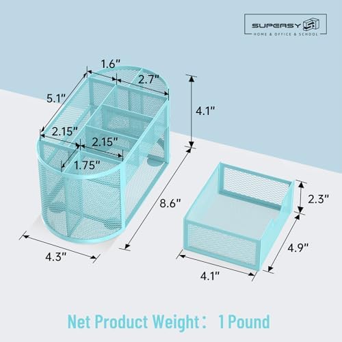 Mesh Desk Organizer with Drawer, 9-Compartment Pen Holder for Desk, Blue - Image 4