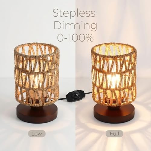 Handmade Rattan Lamp Farmhouse Table Lamp for Bedroom, Stepless Dimming Rustic Woven Lamps for Night Stands with Warm White LED Bulb, Boho-Inspired Boho Lamps for Living Room Kitchen Nook - Image 2