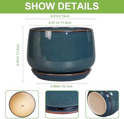 G EPGardening Ceramic Planter 6 Inch - Round Modern Ceramic Pot for Plants with Drainage and Plant Tray Indoor for Flower, Apartment Decor, Housewarming Gifts New Home, Retro Blue - Image 3