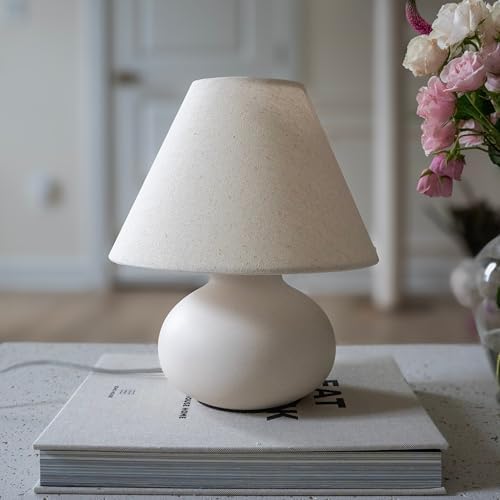 11" Small Table Lamp – Handmade Round Ceramic Cream Base with Off-White Fabric Shade, Dimmable Plug-in Nightstand or Accent Light – Organic Boho Japandi Decor for Bedroom or Small Spaces - Image 6