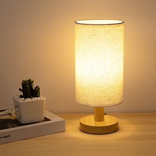 Small Bedside Table Lamp for Bedroom, Minimalist Wood Base & Round Fabric Shade, Mini Cute Cozy Warm White Nightstand Boho Lamp, Study Desk Night Stand Light for Room, Dorm, Nursery, Living Room by UCHENTON