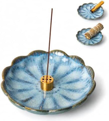 Pinehaven Ceramic Lotus Incense Holder – 5.5 Inch Hand-Sculpted Ash Catcher Tray Bowl with Brass 9-Hole Insert for Incense Sticks – Blue Japanese Zen Home Décor, Meditation Altar Gift by Unknown