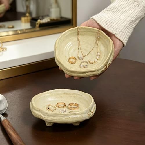 Wabi Sabi Ceramic Jewelry Dish, Earth Tone Rustic Footed Ring Dish, Minimalist Shallow Trinket Bowl for Rings Earrings Necklaces, Jewelry Tray for Vanity Counter Nightstand, Women Jewelry Gift - Image 5
