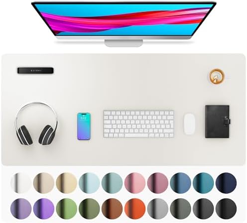 Aothia Leather Desk Pad Protector, Mouse Pad, Office Desk Mat, Non-Slip PU Leather Desk Blotter, Laptop Desk Pad, Waterproof Desk Writing Pad for Office and Home (36" x 17", Off-White) by AothiaSimpleNaturalUnique