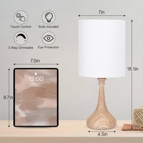 Dimmable Small Table Lamp, Bedside Lamps Touch Control for Bedrooms Nightstand with Wood Grain Base, Desk Lamp Night Light for Office Living Room, 9W 3000K LED Bulb Included - Image 3