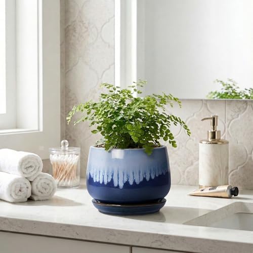 Ceramic Flower Pots, 6 Inch Plant Pot Indoor with Saucer, Deep Blue - Image 7