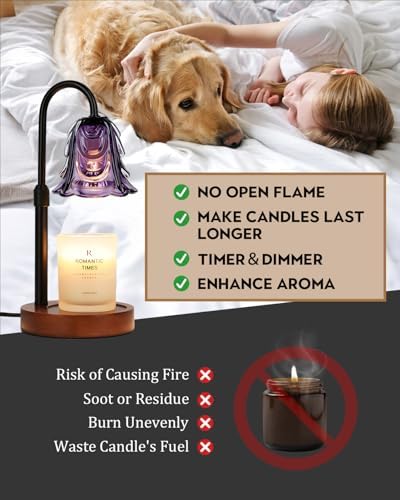 Funistree Small Candle Warmer Lamp with Timer, Adjustable Purple Lamp Warmer for Jar Candles, Christmas Birthday Gifts for Women Mom Her, Dimmable Candle Heater, Cute Wax Warming Light with Wood Base - Image 3