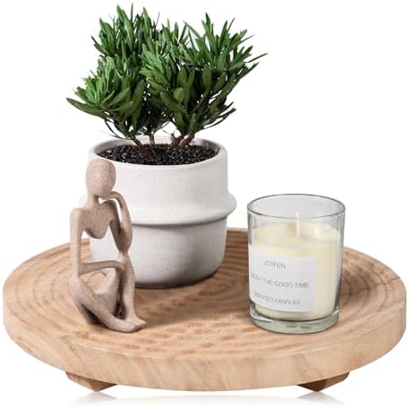 Round Decorative Tray Farmhouse Bathroom Decor Wood Riser, 12" Burlywood by zoocatia