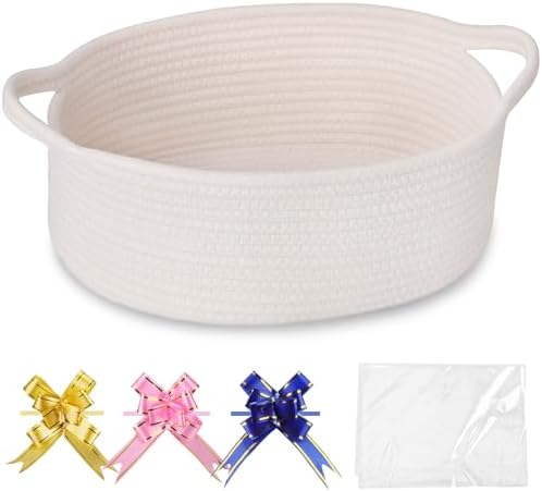 COMSE Empty Small Gift Basket with Bag & Ribbons, White by COMSE