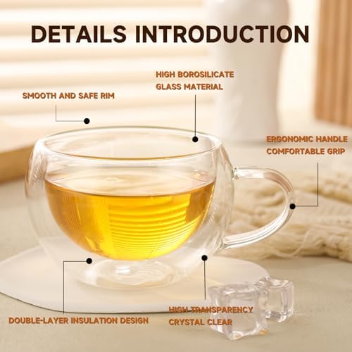Double Wall Insulated Glass Tea Cups Set of 4, Clear Borosilicate Glass Espresso Shot Cups for Espresso Machine, Teacups Coffee Mugs with Handle for Cappuccino Latte, 7OZ/200ML - Image 5