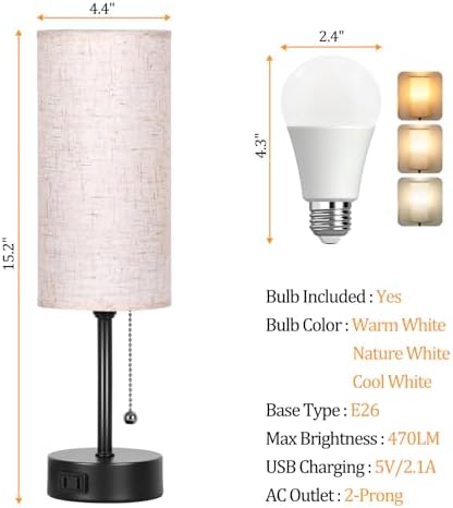 Bedside Table Lamp for Bedroom,Small Lamps for Night stands with Pull Chain - Image 3