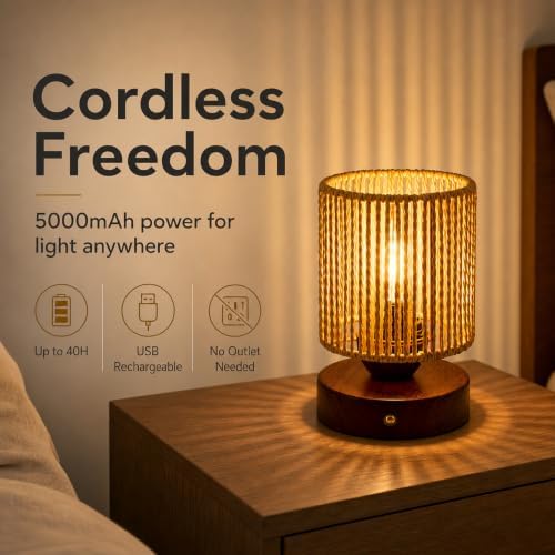 Cordless Rattan Table Lamp, 5000mAh Rechargeable Battery Operated Bedside Lamp with Edison Bulb, Stepless Dimmable Boho Cylinder Desk Light for Bedroom Living Room - Image 2