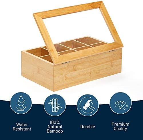 Big Natural Bamboo Tea Storage Organizer, Clear Acrylic Top, 8 Compartments - Image 2