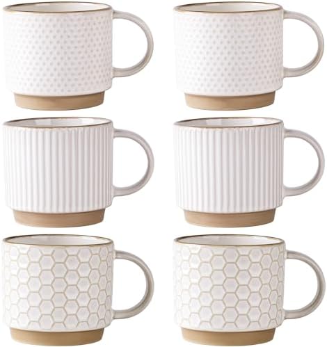GBhome 12 OZ Stackable Coffee Mugs Set of 6, Ceramic Coffee Cups Set by GBhome