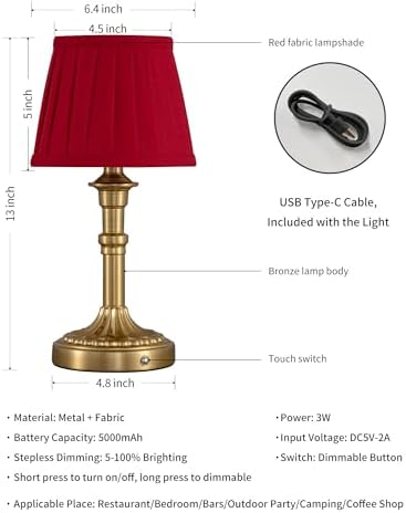 KDG Gold Cordless Table Lamps Set of 2, Red Fabric Shade Small Desk Lamp - Image 5