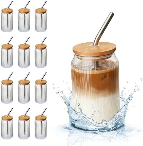 12 Packs Ribbed Glass Tumbler with Lid and Straw 16 oz Cute Ice Coffee Cup Set Bulk Vasos de Vidrio Con Tazas Para Cafe Cocina Accesorios Home Bar Accessories New Home House Warming Gift Kitchen Stuff by Unknown