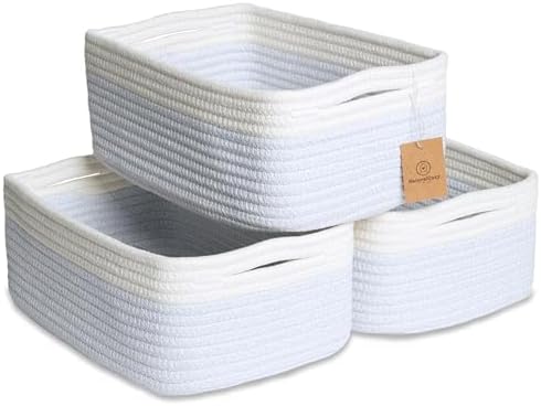 NaturalCozy 11.8"x8"x4.5” Rectangle Storage Baskets for Shelves 3 Pack | Cotton Rope Woven Small Baskets for Organizing | Small Storage Bins for Nursery, Bathroom, Closet, Shelf, Decorative, Gift by NaturalCozy