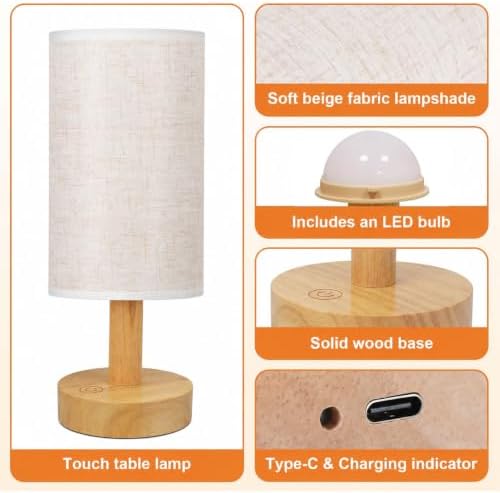 Rechargeable Cordless Touch Table Lamp with Stepless Dimming,Natural Wood Base&Linen Shade,Small Battery Wireless Ambient Night Light for Bedroom,Bedside,Nightstand,Nursery,Kitchen,Camping,Outdoor - Image 6