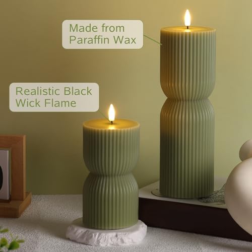 Olive Green Ribbed Flameless Pillar Candles with Remote Set of 2 - Image 6