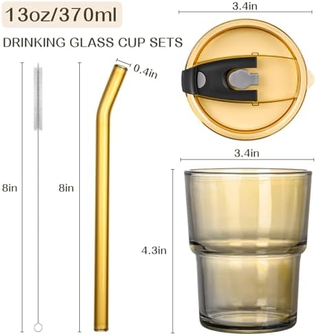 13oz Reusable Iced Coffee Tumbler with Lids,Clear Tumbler Water Glass,2 Pack Glass Cups with Straw and Lid,Glass to go Coffee Cup for Drinking Matcha, Water, and Juice(Amber - Image 2