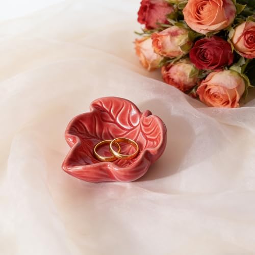 3.5' Red Cute Leaves Ceramic Jewelry Tray for Dressing Table - Image 4