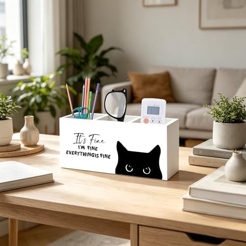 Funny Sarcastic Black Cat Pen Pencil Holder Organizer for Office Desk Accessories, Funny Office Gifts for Coworkers, It's Fine I'm Fine Everything Is Fine Wood Signs for Desk Tabletop Decor - Image 5