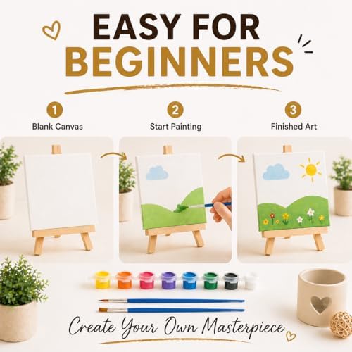10 Set Mini Acrylic Paint Kit, Mini Canvas with Wooden Easels Acrylic Paints Strips, Minis Easel with Canvases for Kids Adults Classroom Birthday Painting Party (6 x 6Inch) - Image 5