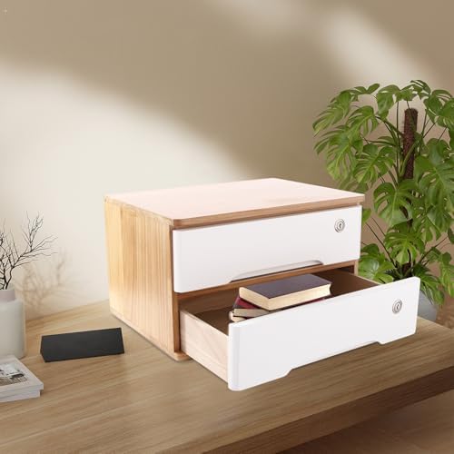 Wooden Desktop Storage Box with Lockable Drawers, Flat File Cabinet Drawer Desktop Storage Box, Countertop Storage Cabinet for Office Home Toiletries Supplies Vanity (natural wood+white, 2 Drawer) - Image 6