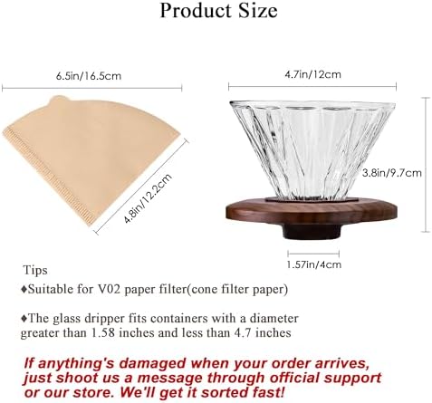 Glass Coffee Dripper with 100 pcs of Size 02 Paper Filter, Borosilicate Glass & Walnut Collar, Pour Over Coffee Maker, 1-3 Cups, Clear - Image 6