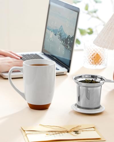 MALACASA Ceramic 18 oz Tea Mug with Lid and Infuser, Khaki White - Image 6