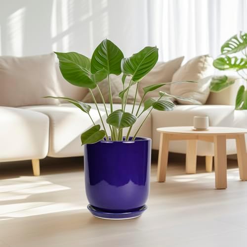 10 Inch Plant Pot - Ceramic Pot for Indoor Plants Large Planter Modern Outdoor Flower Pot with Drainage Hole and Saucer for Home Patio Decor Blue - Image 2