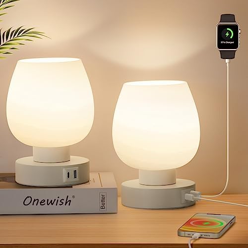 Touch Bedside Table Lamp Set of 2 - Modern Nightstand with USB-C&A Charging, 3-Way Dimmable LED Desk Lamp, White Opal Glass Shade by onewish