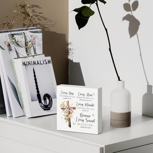 Every Day God Thinks Of You Wooden Box Sign Inspirational Cross Jesus Decor Prayers Religious Scripture Gifts for Women Men Mom Sister Friends Birthday Male Coworker 5 x 5 Inch - Image 4
