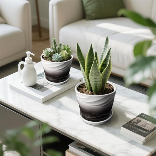 Ceramic Plant Pots, 6.7 + 5.5 Inch, Dark Gray+White - Image 5