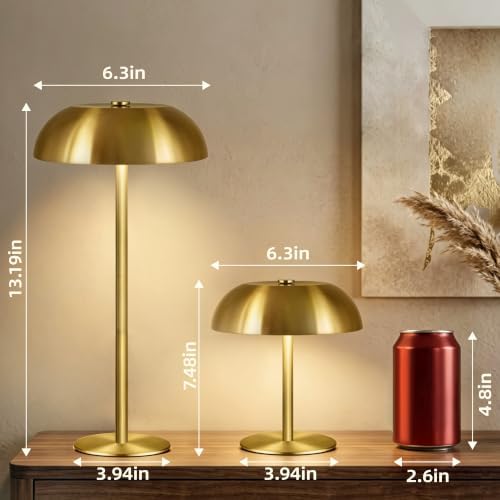 2 Pack Portable LED Mushroom Table Lamp, 12H Cordless Metal Night Light with Rechargeable Battery, Stepless Dimmable 3 Colors Desk Lamp for Bedroom Bar Coffee Shop(Brushed Gold) - Image 5